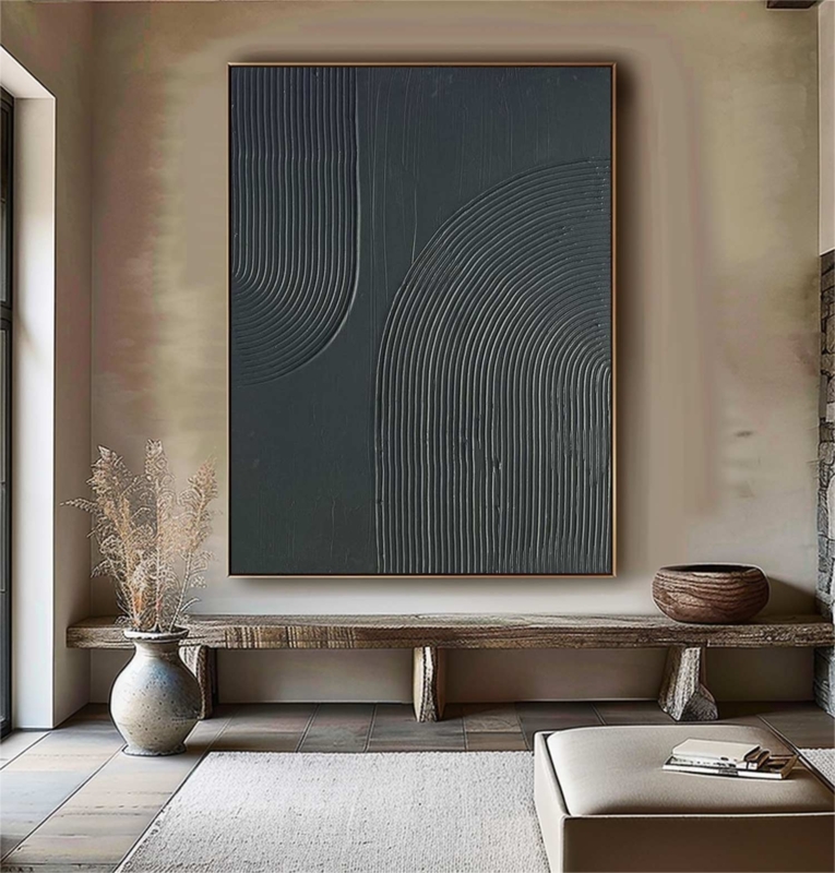 Wall Art: Large Black Textured Arched for Minimalist Wabi-Sabi Design