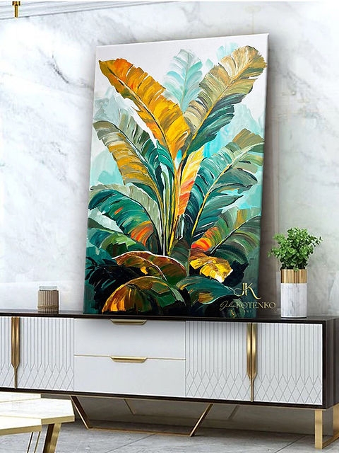 Wall Art Large Canvas Teal Yellow Abstract Tropical Leaf Frameless Print