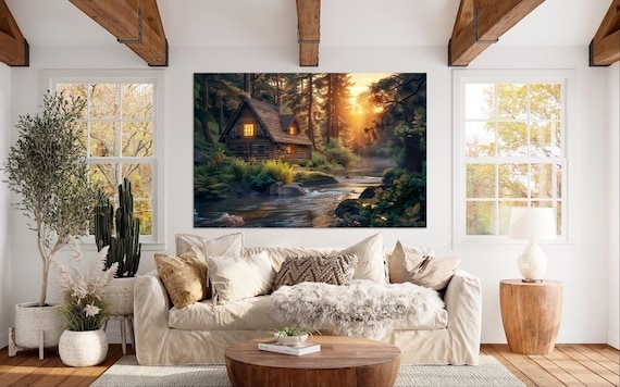 Wall Art Large Forest Landscape Canvas, Rustic Lodge Living Room Decor
