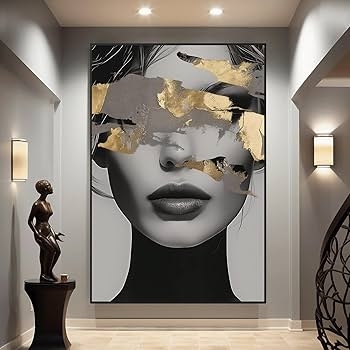 Wall Art: Large Gold Leaf Abstract Face for Dramatic Hallway Focal Point