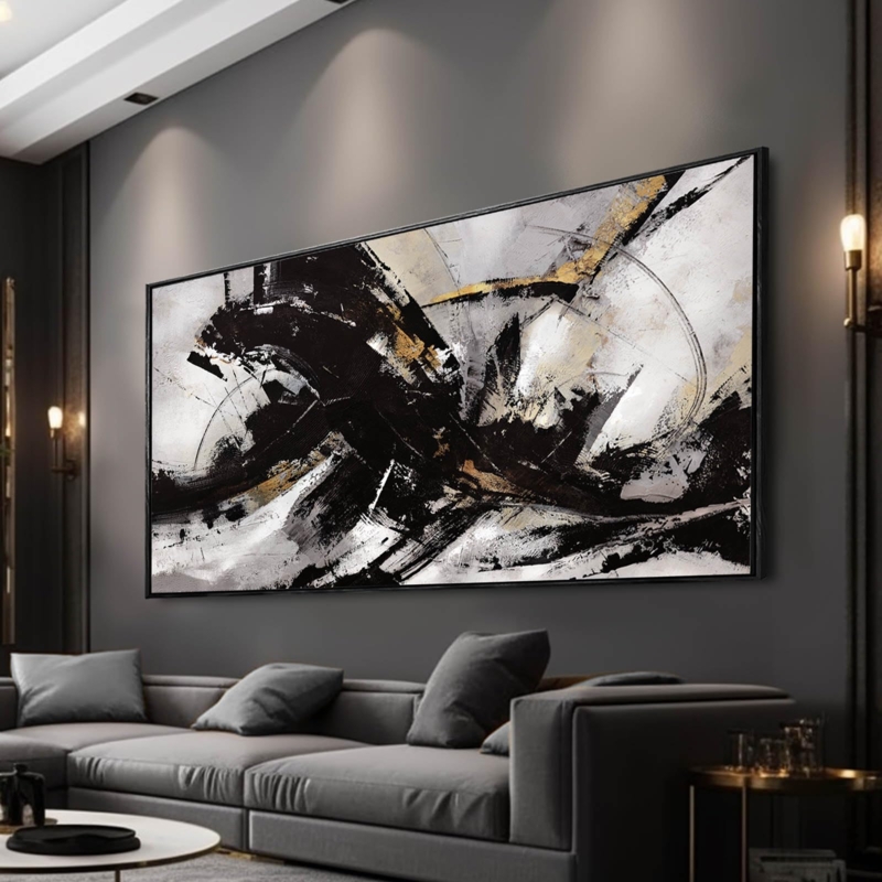 Wall Art: Large Horizontal Abstract with Expressive Graffiti-Style Gold