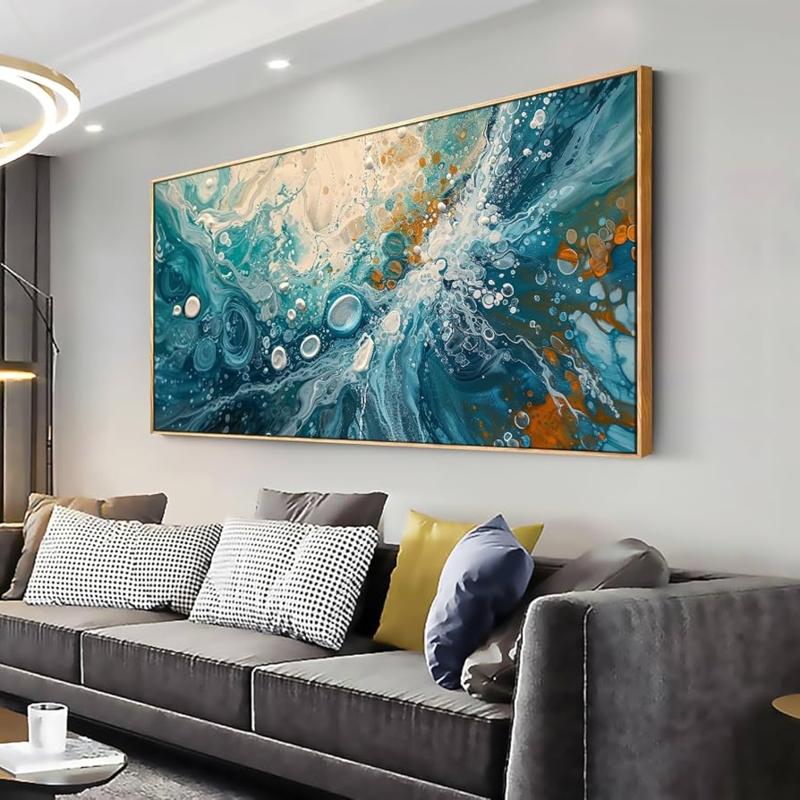 Wall Art: Large Horizontal Canvas, Teal and Orange Fluid Abstract Design