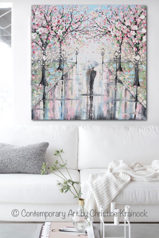 Wall Art Large Impasto Texture Cherry Blossom, Romantic Living Room Decor