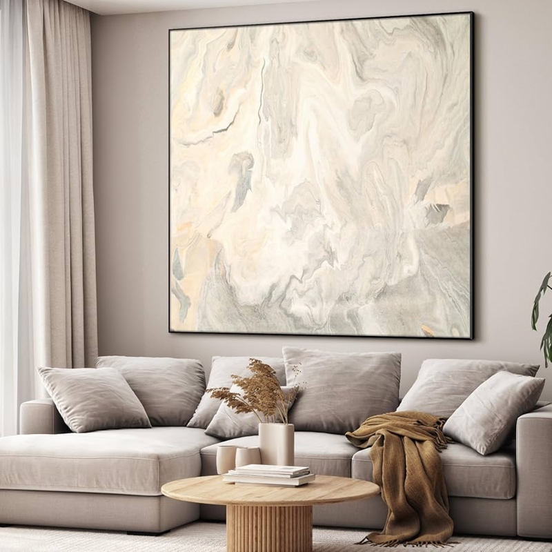 Wall Art: Large Marble Abstract Neutral Fluid Pattern Thin Frame.
