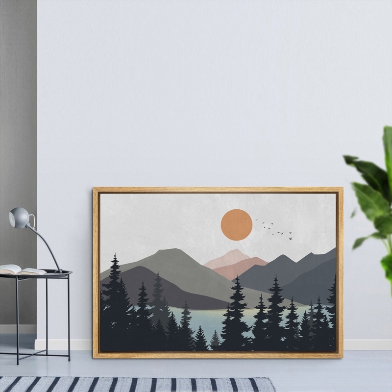Wall Art: Large Mountain Landscape, Wood Toned Frame, Forest Silhouette