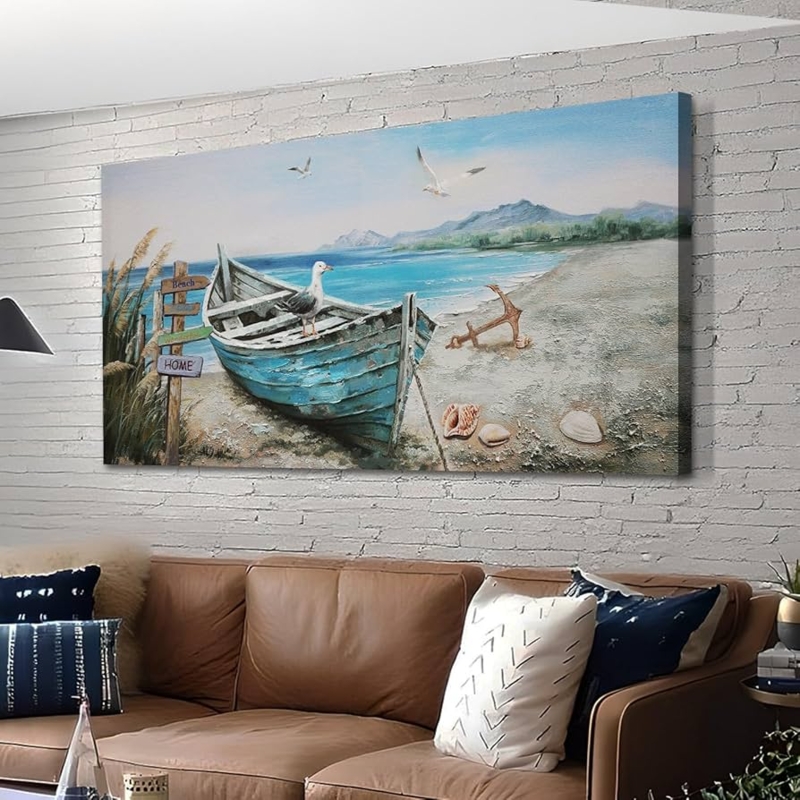 Wall Art Large Nautical Boat Painting with Textured Impasto Finish