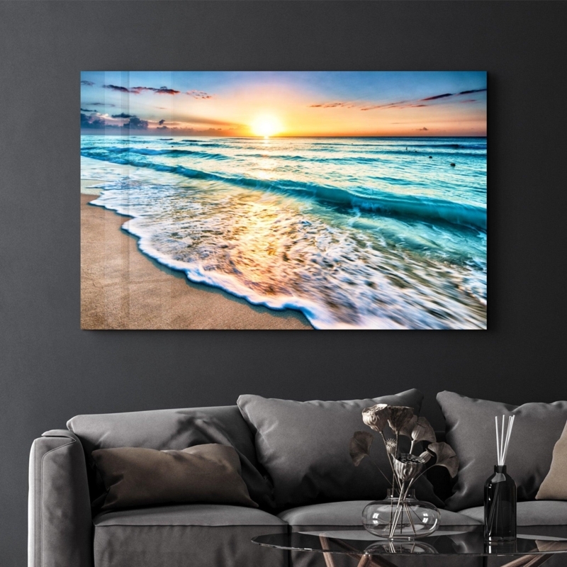 Wall Art Large Ocean Sunset Glass Print Glossy Finish