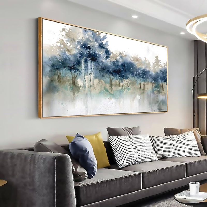 Wall Art Large Scale Blue Landscape Over Modern Sofa