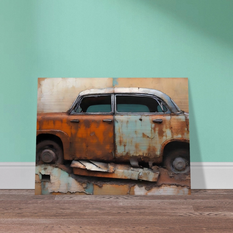 Wall Art: Large Scale Industrial Realist Style Rusted Car Subject Decor