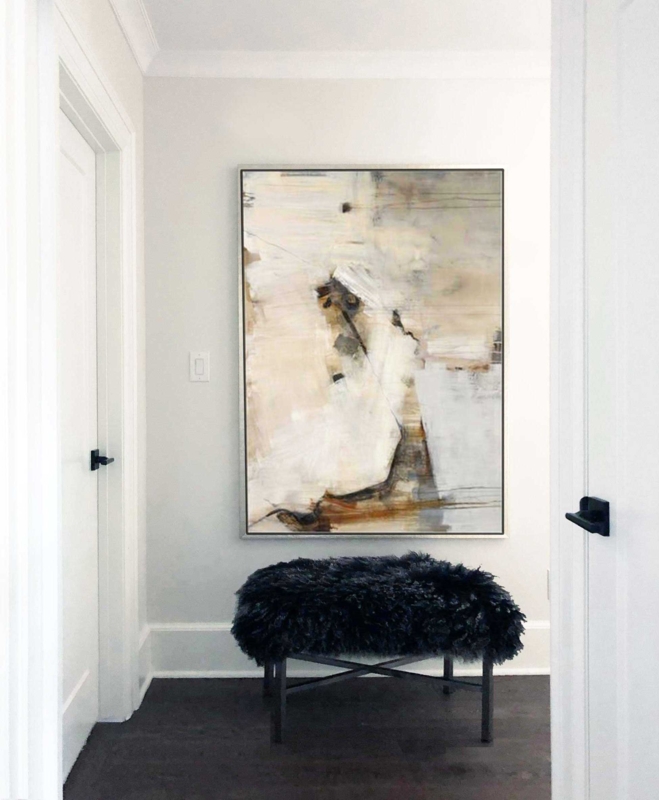 Wall Art: Large Scale Neutral Abstract Canvas Above Shaggy Bench Seat.