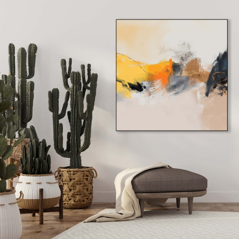 Wall Art Large Square Painting in Warm Yellow and Charcoal Tones.