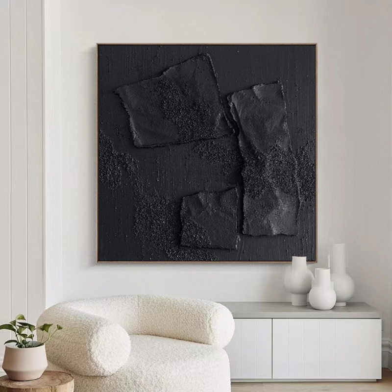 Wall Art: Large Square Sculptural Black Plaster-Like Wabi-Sabi Piece