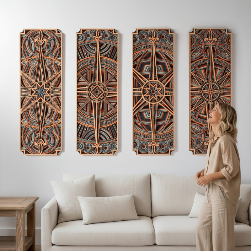 Wall Art Layered Wood Set Geometric Mandala Panels Bohemian 3D