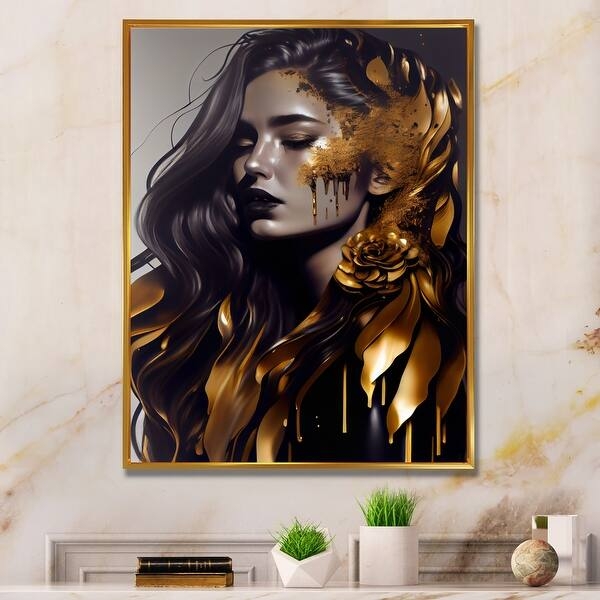 Wall Art Liquid Gold Drip Metallic Rose Portrait, Thin Gold Frame