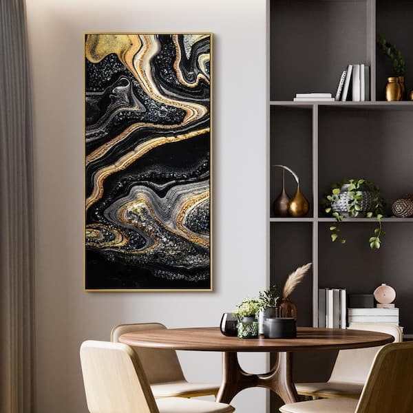 Wall Art Liquid Gold Veins High Gloss Vertical Black Gold Art