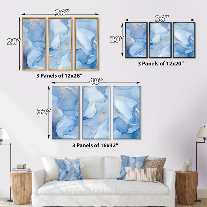 Wall Art Liquid Ink Art Triptych Design Framed Edge Abstract Pattern