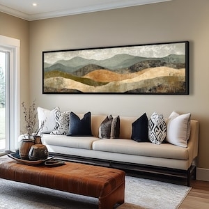 Wall Art Long Panoramic Landscape Painting Earthy Tones Framed