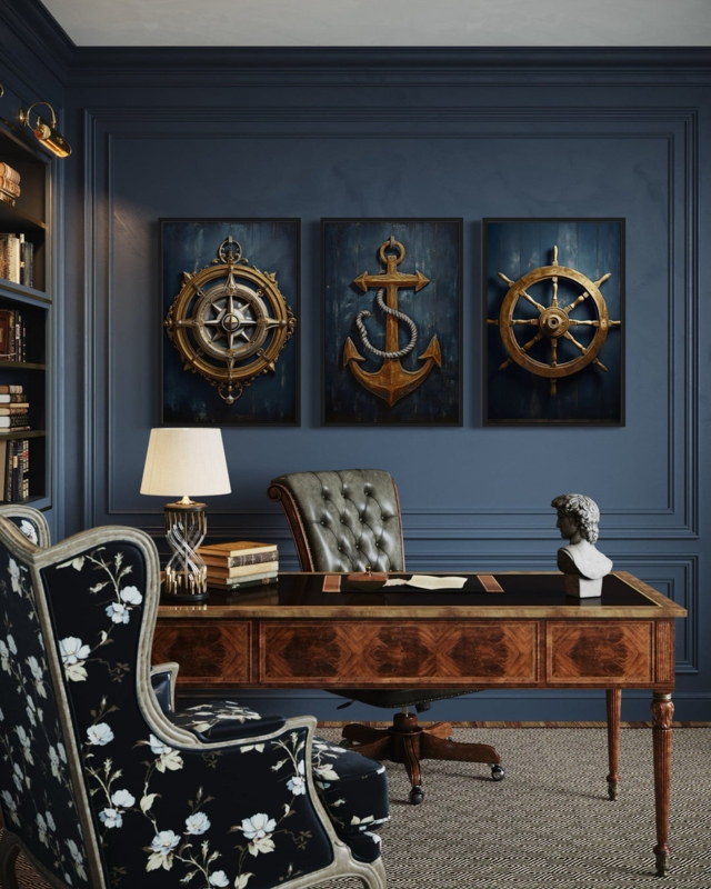 Wall Art Maritime Triptych Prints Antique Gold Finish Nautical Theme