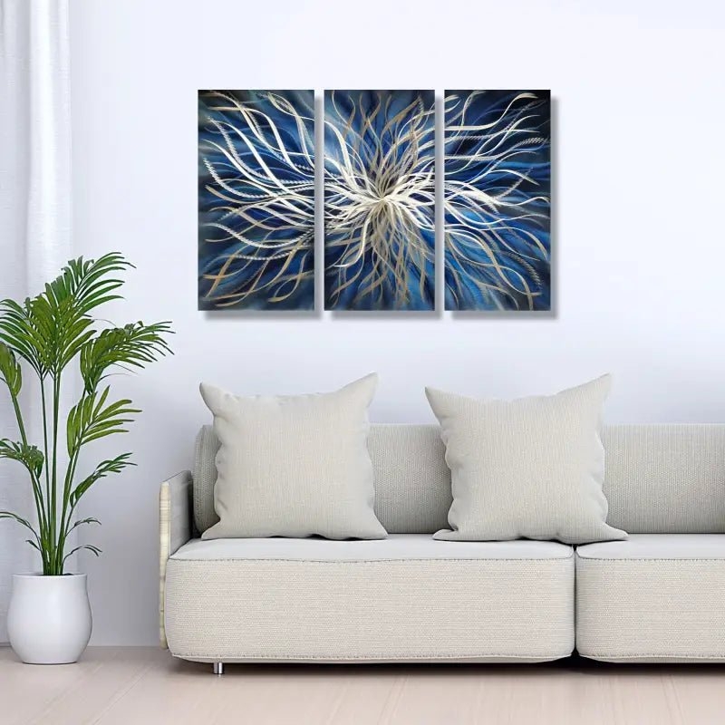 Wall Art Metal Triptych Set Radiating Pattern, Silver Wall Decor