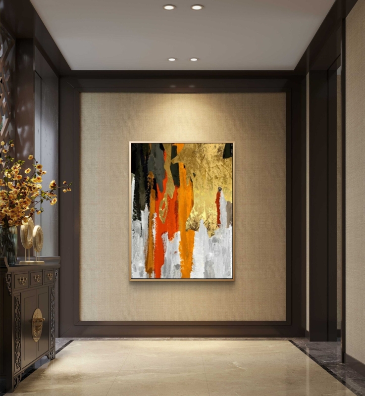 Wall Art: Metallic Gold and Orange Abstract in Modern Alcove Display.