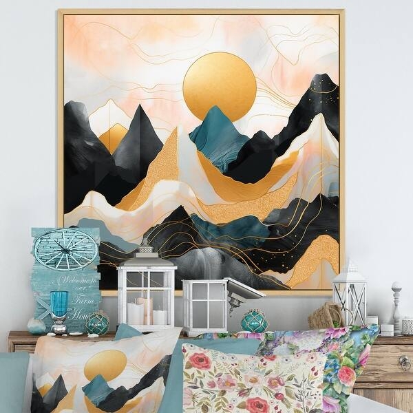 Wall Art Metallic Gold Sun Layered Mountain Landscape Modern Decor