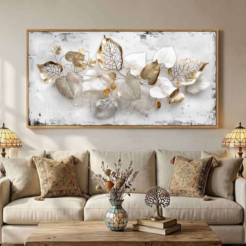 Wall Art Metallic Leaves Botanical Motif Framed Canvas