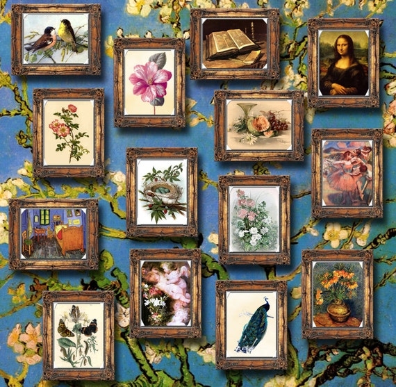 Wall Art Miniature Scale Ornate Gold Frames Curated Gallery Set.