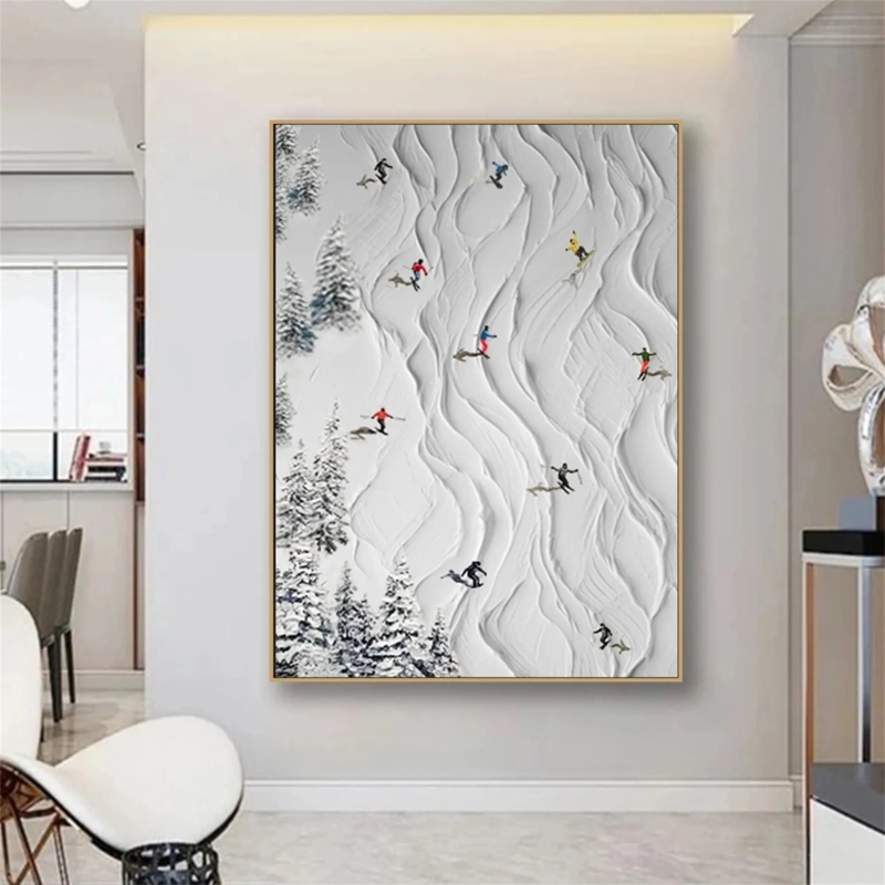 Wall Art: Miniature Skier Motif, Heavy Impasto Texture, Vertical, Textured Mountain Art