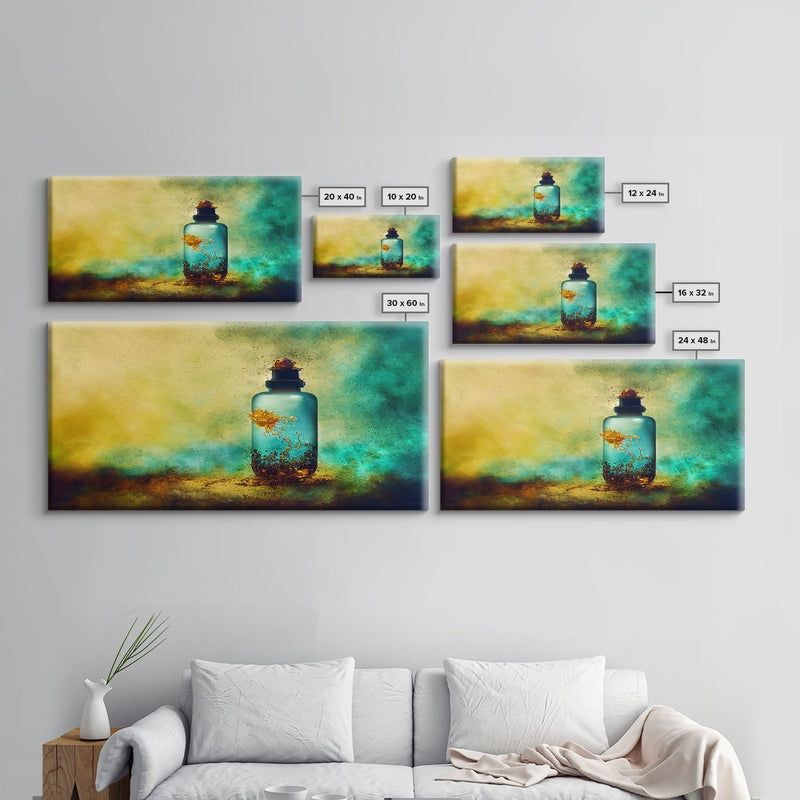 Wall Art Miniature World Motif Teal Yellow Palette Whimsical Canvas.