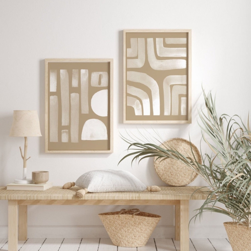 Wall Art: Minimalist Beige Geometric Shapes in Light Wood Frames (69)