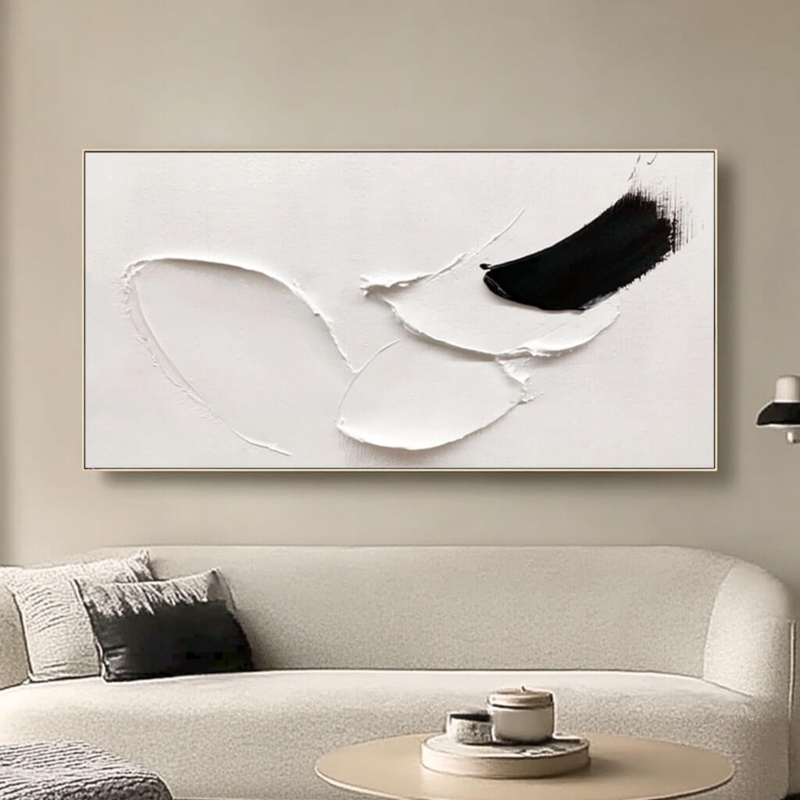 Wall Art: Minimalist Impasto Texture with Single Black Stroke Panoramic.
