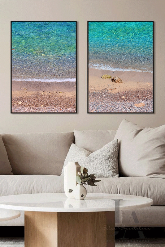 Wall Art Minimalist Turquoise Beach Diptych Layout Framed