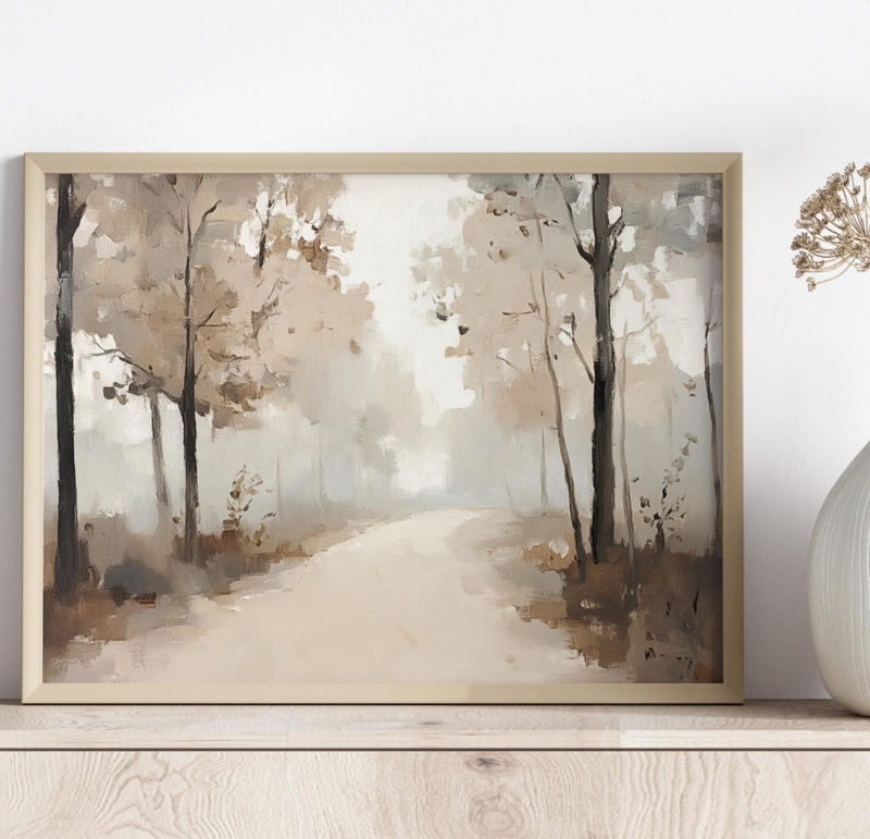 Wall Art Misty Forest Motif Impressionistic Painting Earthy Decor