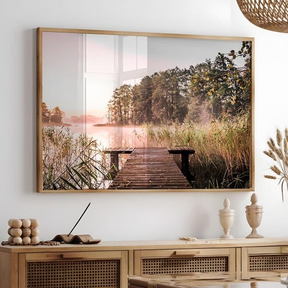 Wall Art Misty Lake Photography Warm Sunset Horizontal Framed Decor