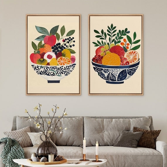 Wall Art Modern Fruit Bowl Prints Bold Illustrations Set of Two