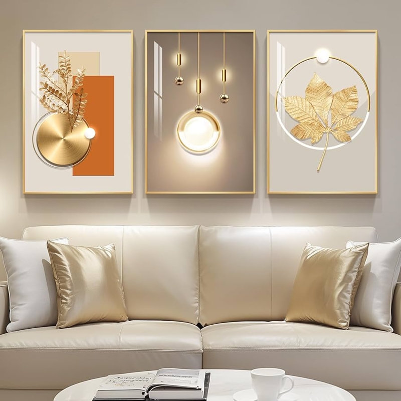Wall Art: Modern Gold Set, Triptych Layout with Botanical Motif