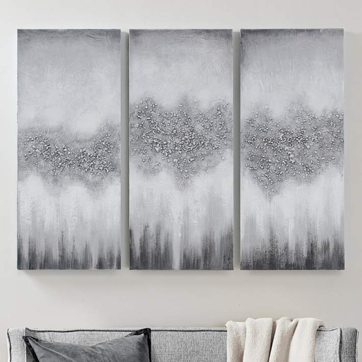 Wall Art Modern Silver Triptych Textured Canvas Metallic Band Gray