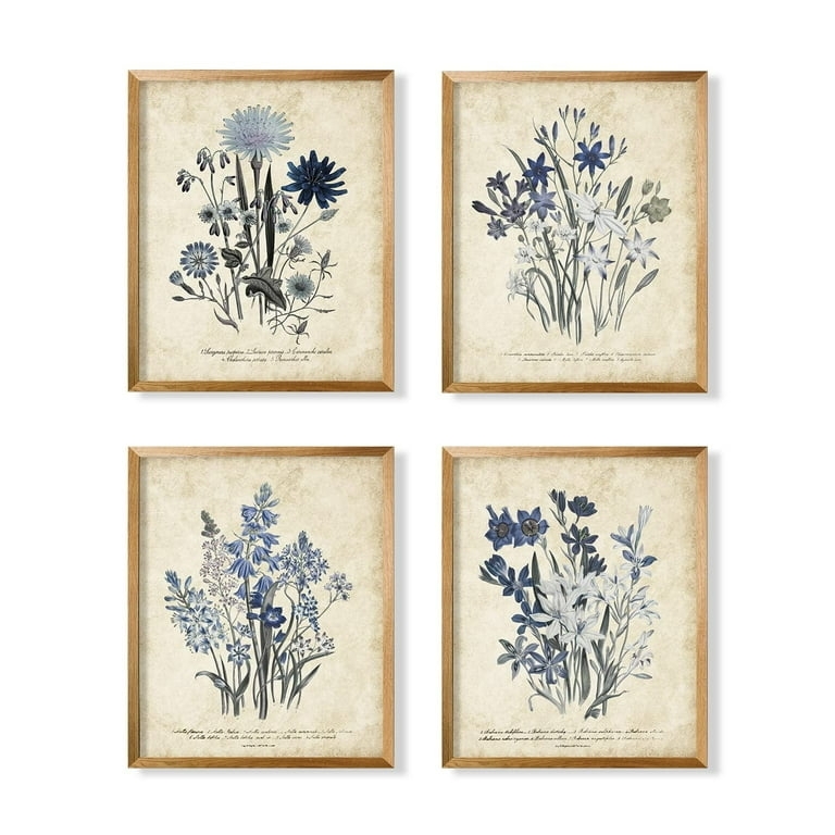 Wall Art: Monochromatic Blue Botanical Prints on Parchment Background