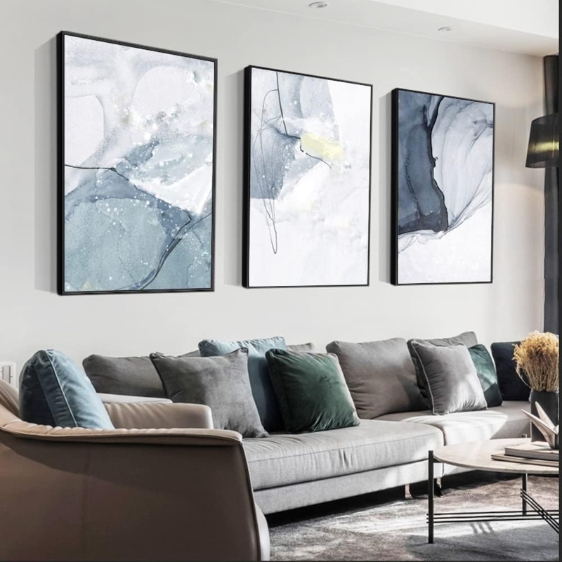 Wall Art Monochromatic Fluid Art Thin Black Molding Serene Blue Grey Triptych