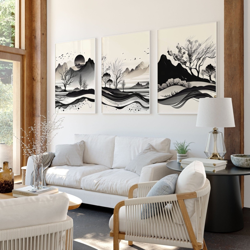 Wall Art: Monochrome Triptych Landscape Prints in Ink Wash Style