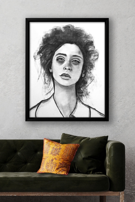 Wall Art: Moody Charcoal Portrait Print, Framed Figurative Sketch
