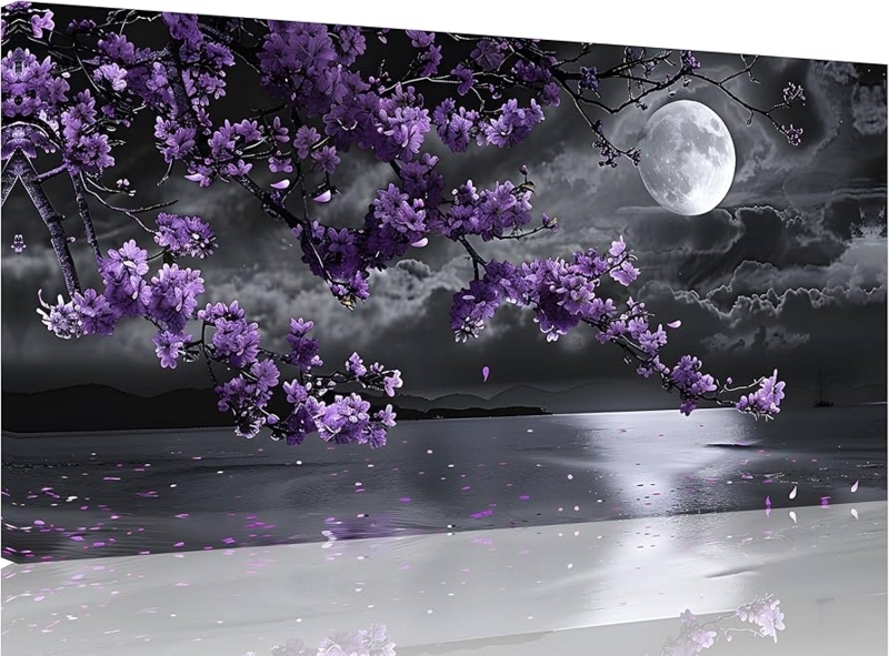 Wall Art Moonlit Seascape Grayscale Background Floral Motif Canvas