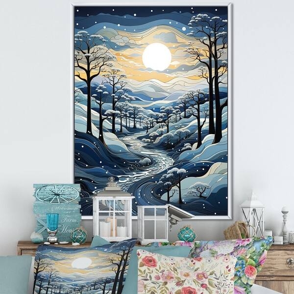 Wall Art Moonlit Winter Forest Theme Serene Blue Landscape Framed
