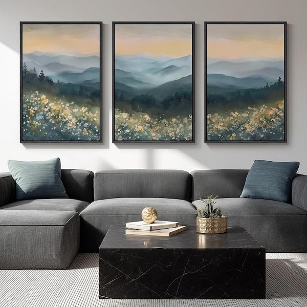 Wall Art Mountain Motif Triptych Misty Landscape Framed Organic