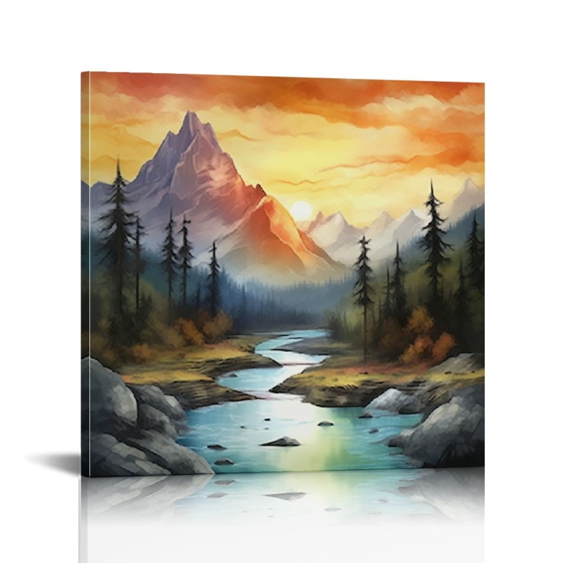 Wall Art Mountain Sunset Motif Watercolor Landscape Square Format