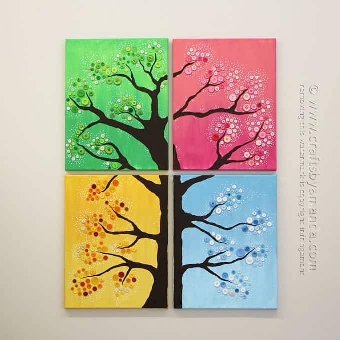 Wall Art Multi-Panel Button Embellishments Canvas Whimsical Tree Decor