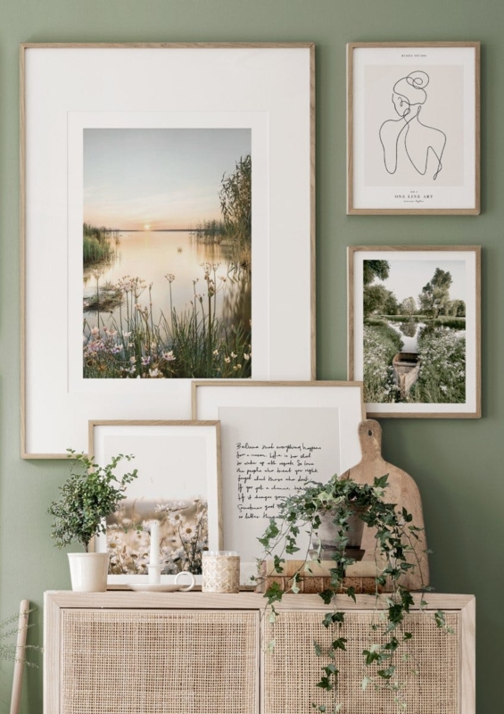Wall Art Nature Themed Framed Set Sage Green Backdrop Mixed