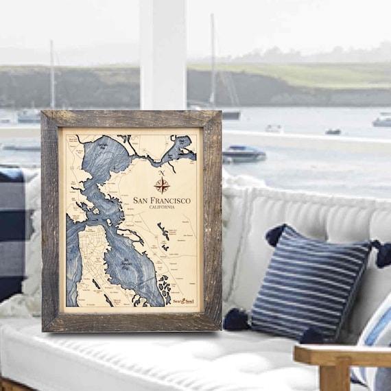 Wall Art Nautical 3D Wood Map Topographic Detail Rustic Frame Carved