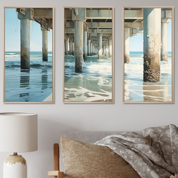 Wall Art Nautical Pier Framed Set Watercolor Palette Triptych Wood