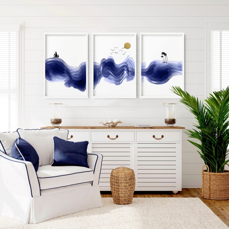 Wall Art Navy Blue Abstract Beach Prints Triptych Layout White Frames